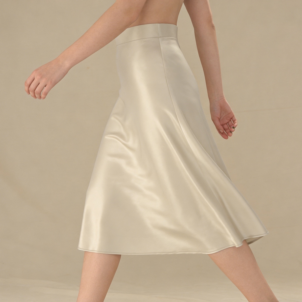 Women's 100% Mulberry Silk Charmeuse Flared Skirt Below Knee Zipper Waist