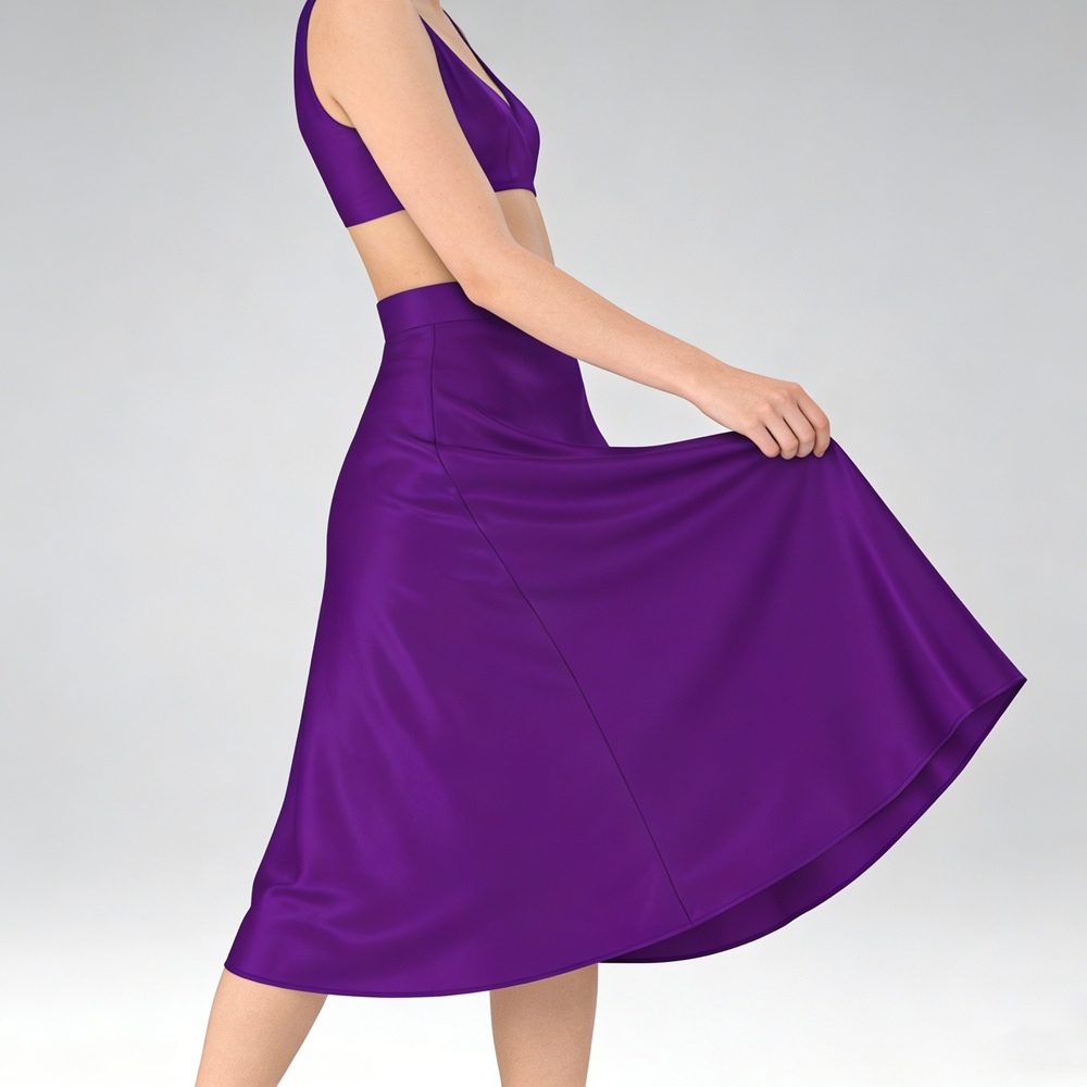 Women's 100% Mulberry Silk Charmeuse Flared Skirt Below Knee Zipper Waist