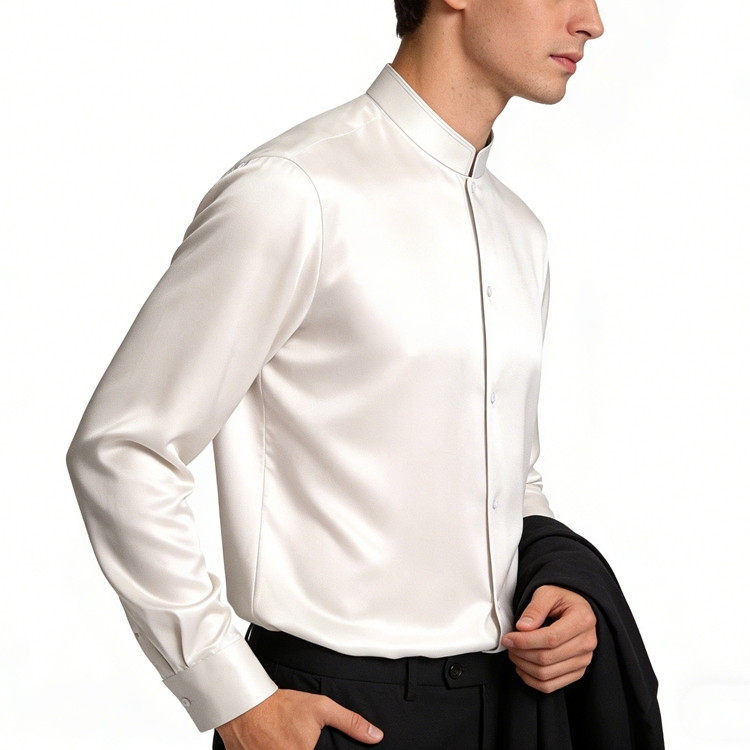 100% Mulberry Silk Satin Long Sleeve Mandarin Collar Dress Shirt