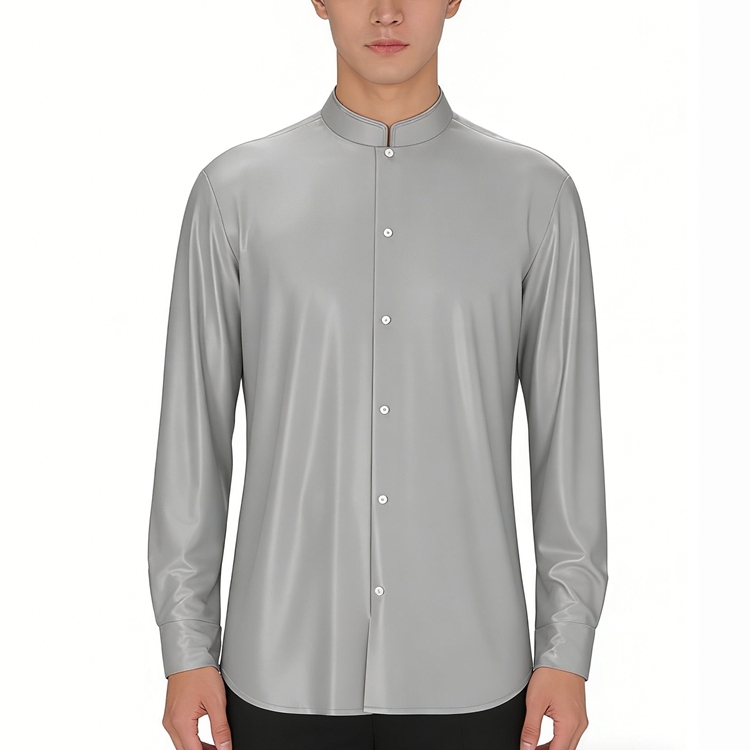 100% Mulberry Silk Satin Long Sleeve Mandarin Collar Dress Shirt