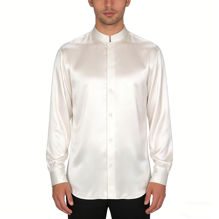100% Mulberry Silk Satin Long Sleeve Mandarin Collar Dress Shirt