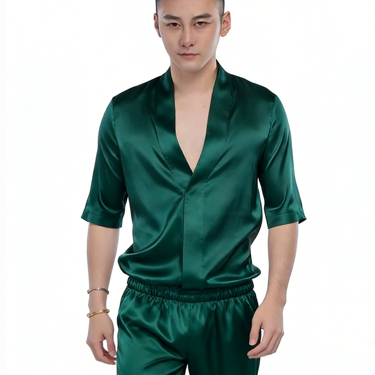 Men's Pure Mulberry Silk Charmeuse V-Neck T-Shirt Suit