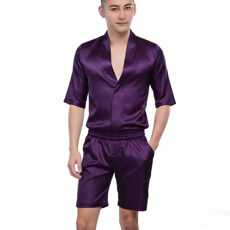 Men's Pure Mulberry Silk Charmeuse V-Neck T-Shirt Suit