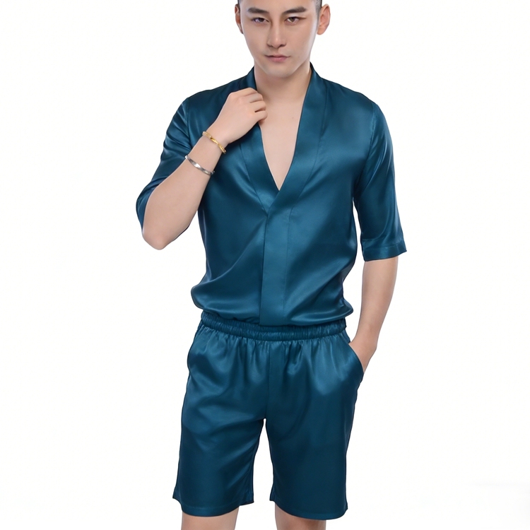 Men's Pure Mulberry Silk Charmeuse V-Neck T-Shirt Suit