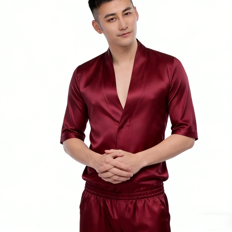 Men's Pure Mulberry Silk Charmeuse V-Neck T-Shirt Suit