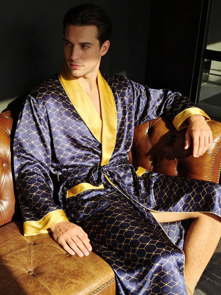 Geometric Print Silk Robe For Men - Navy & Gold