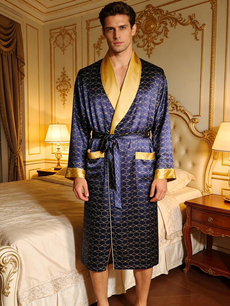 Geometric Print Silk Robe For Men - Navy & Gold