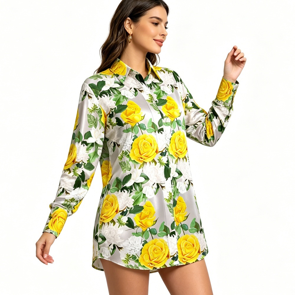 Yellow Rose Floral Silk Shirt