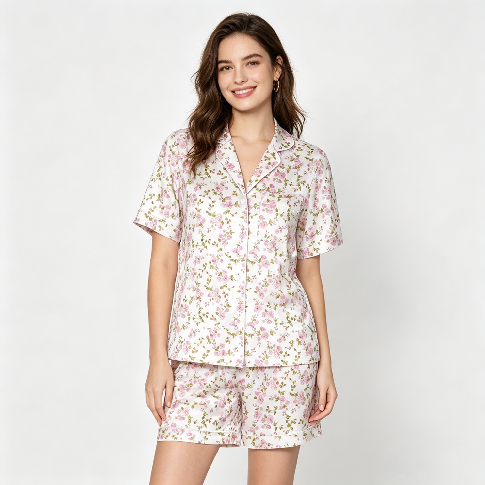 Pink Floral Silk Pajamas For Women