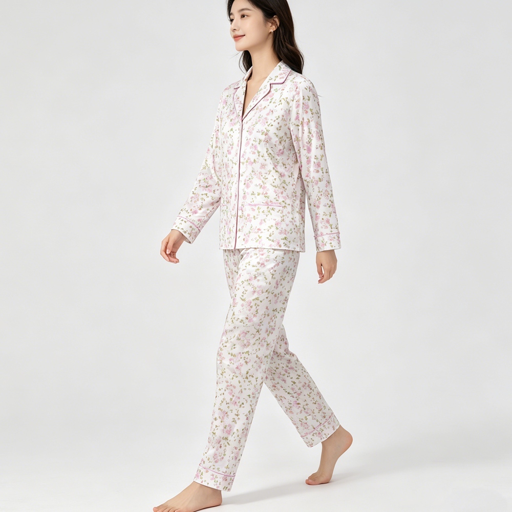 Pink Floral Silk Pajamas For Women