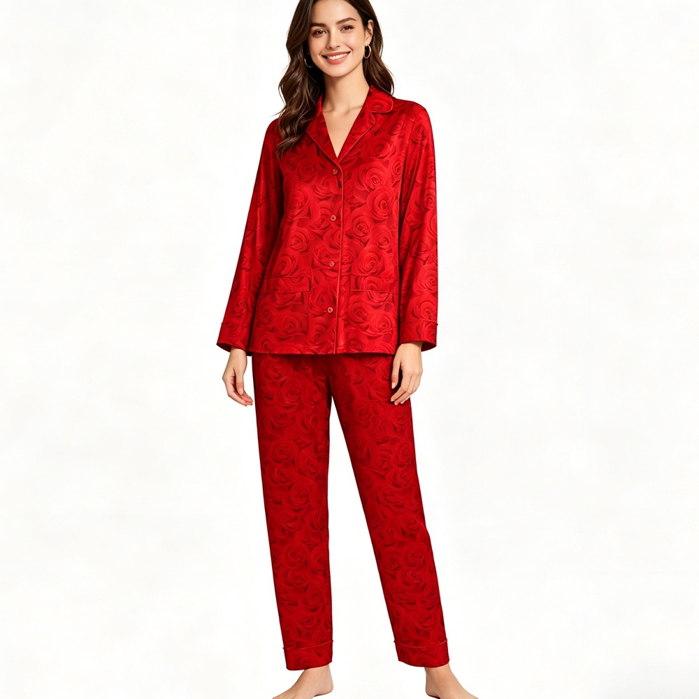 Red Rose Print Silk Pajamas For Women