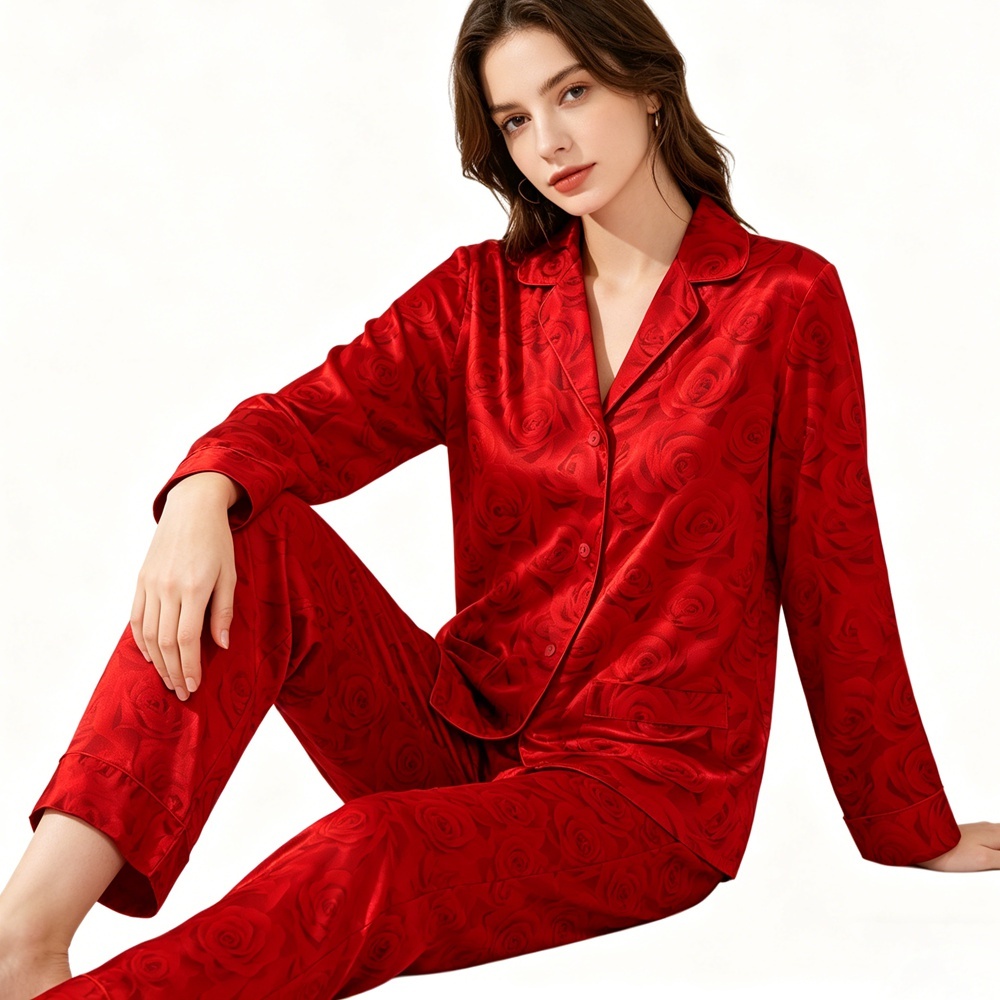 Red Rose Print Silk Pajamas For Women