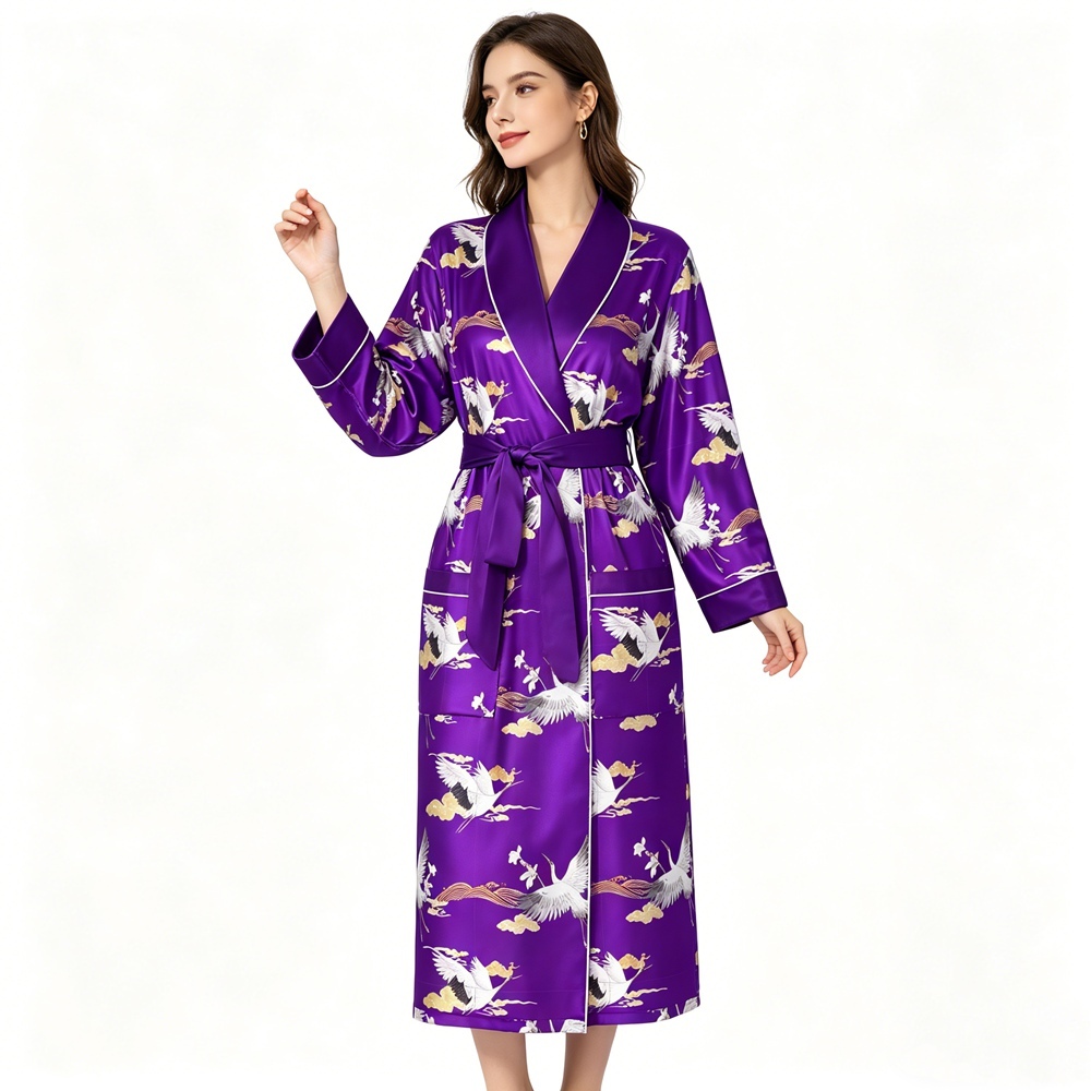 Purple Crane Print Silk Robe For Women