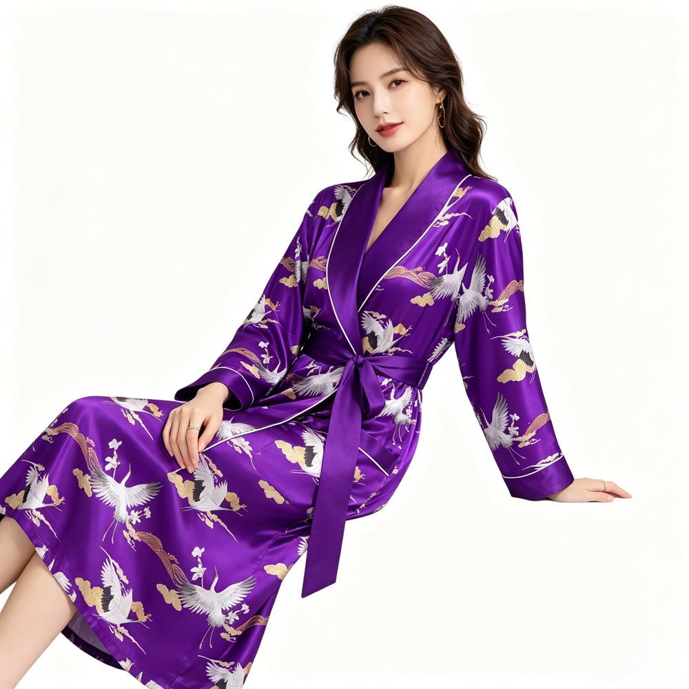 Purple Crane Print Silk Robe For Women