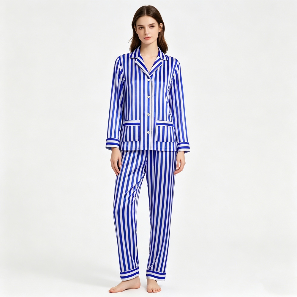 Women's Blue And White Striped Silk Pajamas