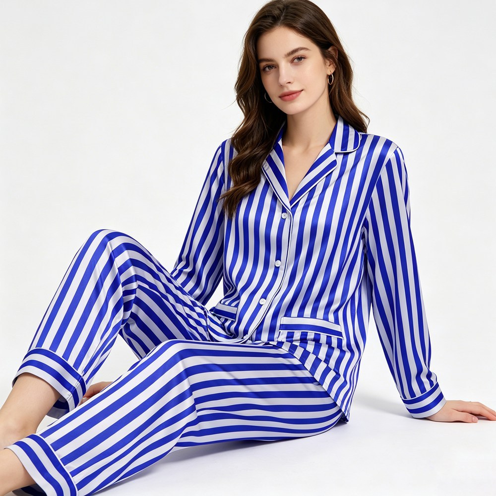 Women's Blue And White Striped Silk Pajamas