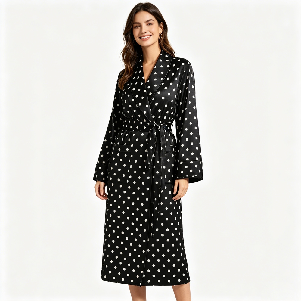 Black And White Polka Dot Silk Robe For Women