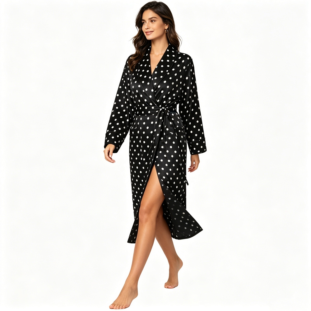 Black And White Polka Dot Silk Robe For Women