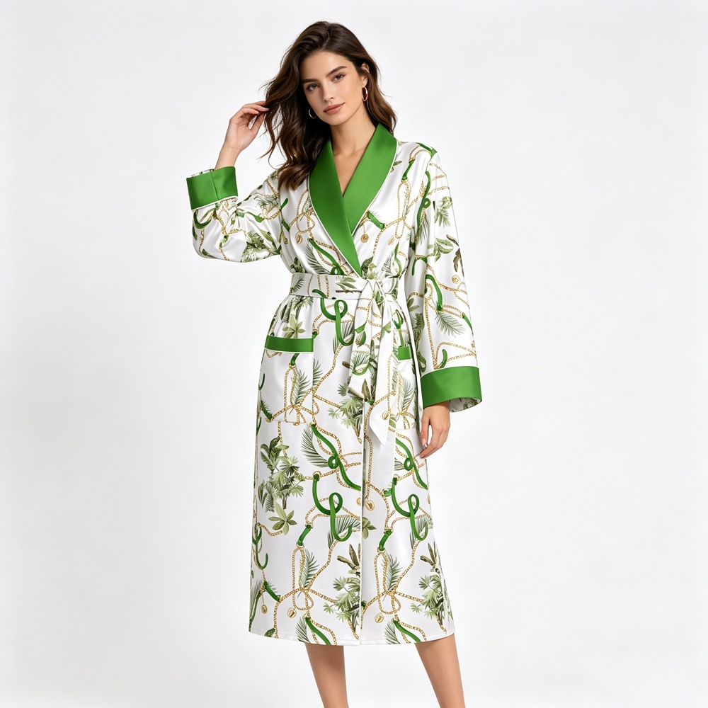 Gold Chain Print Silk Robe For Women