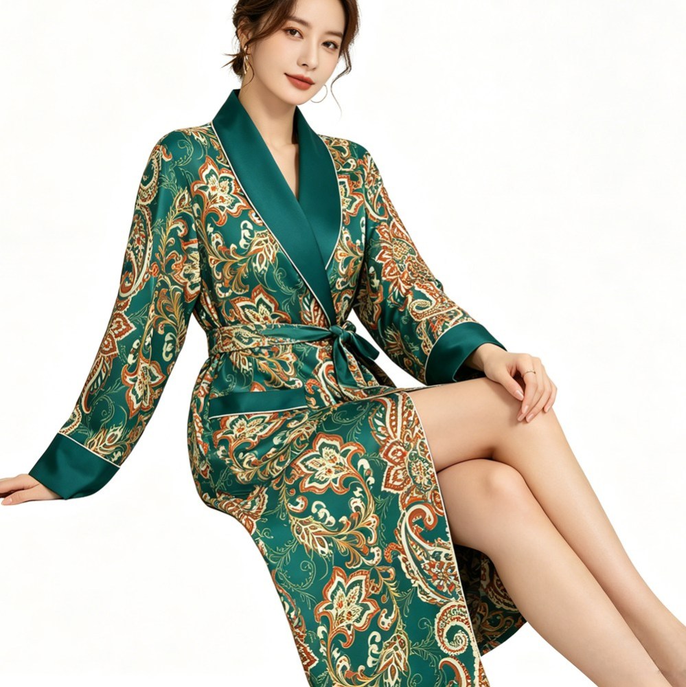 Teal Blue Paisley Print Silk Robe For Women