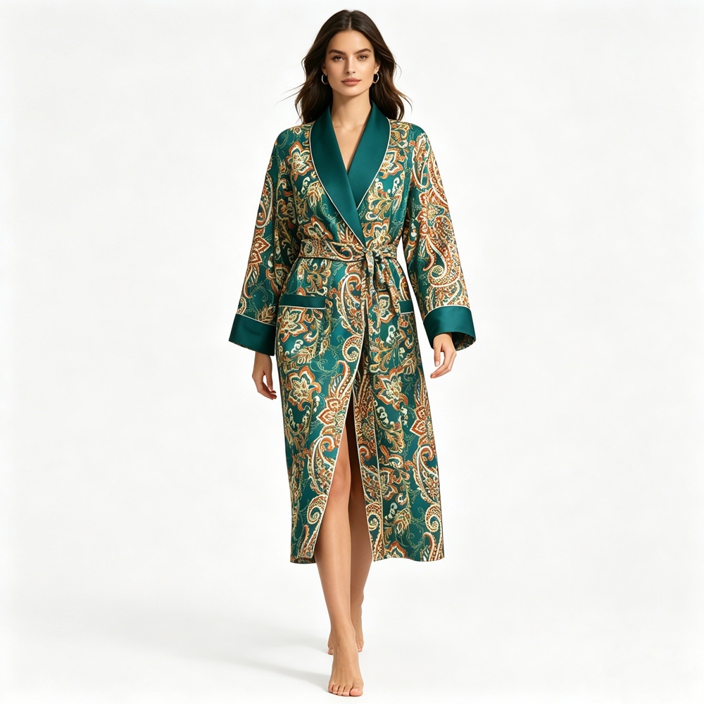 Teal Blue Paisley Print Silk Robe For Women