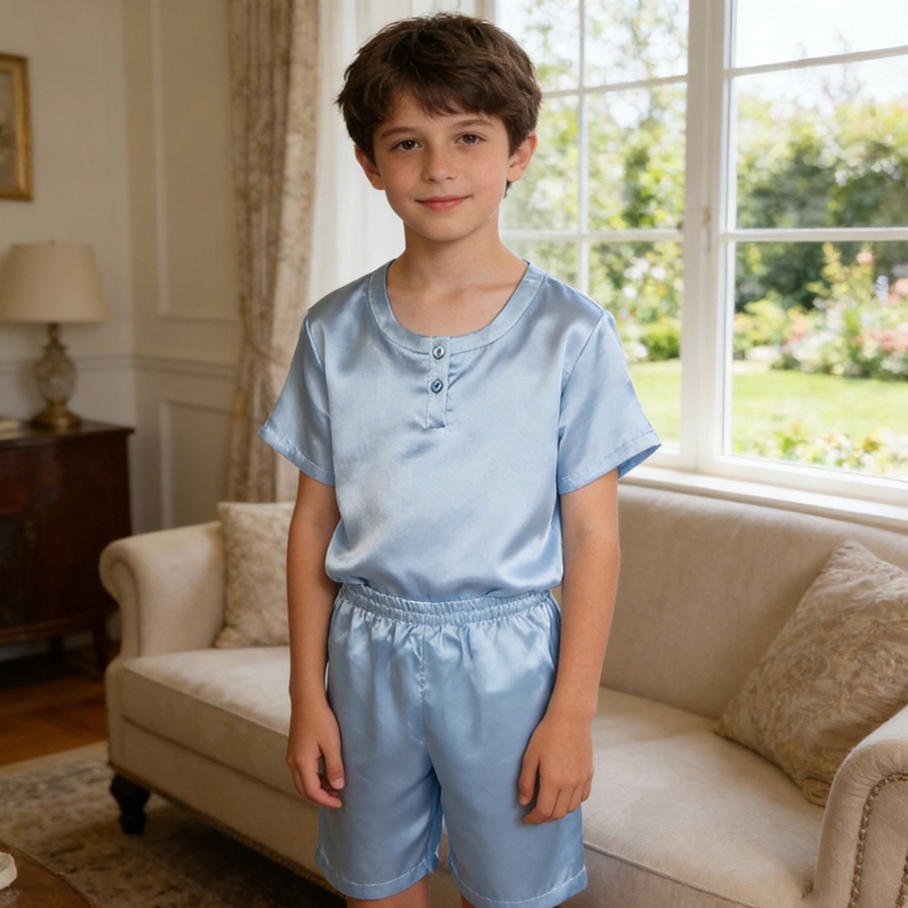 Kid's Pure Mulberry Silk Henley Shirt Pajama Set