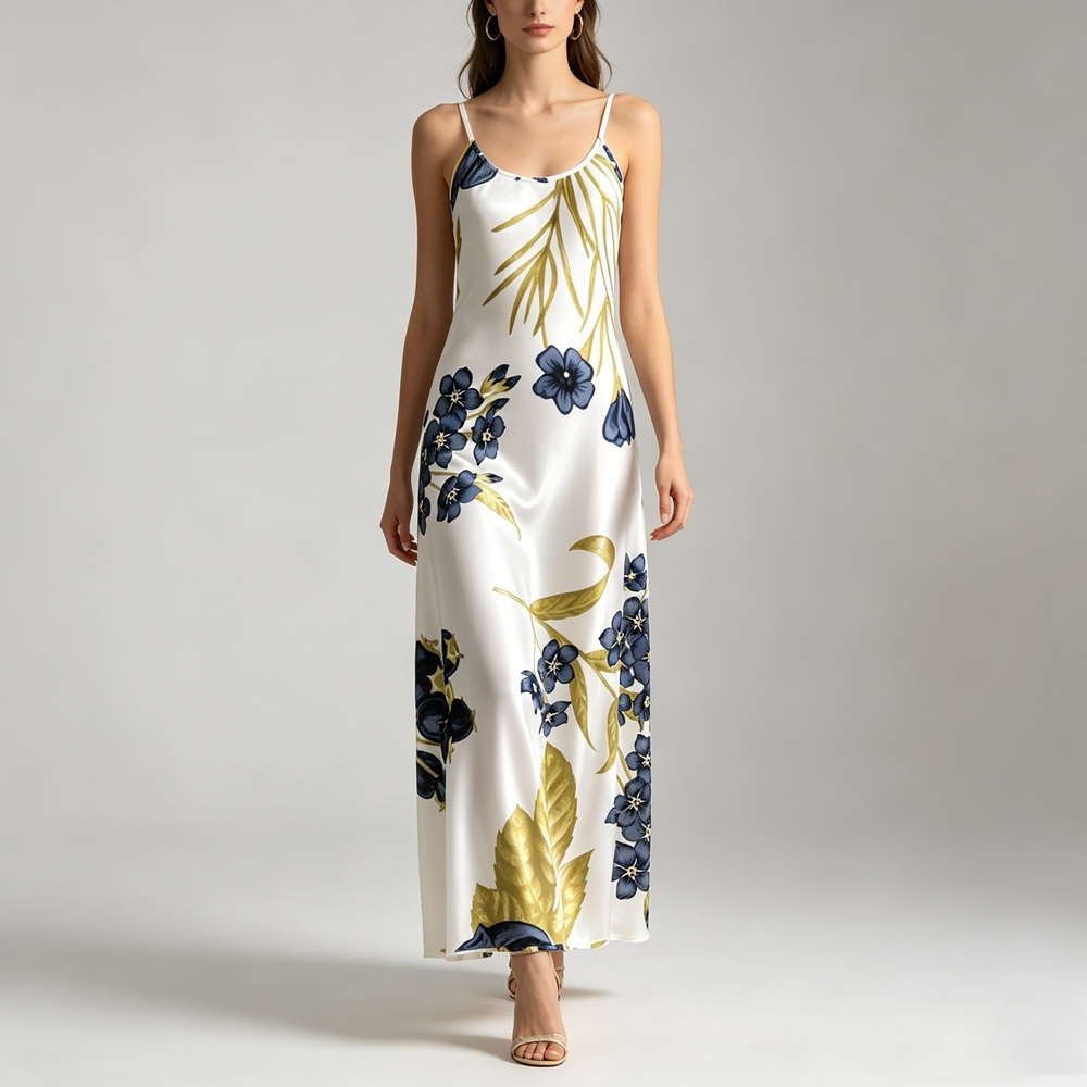 Women's 100% Mulberry Silk Floral Maxi Slip Dress Bias Cut