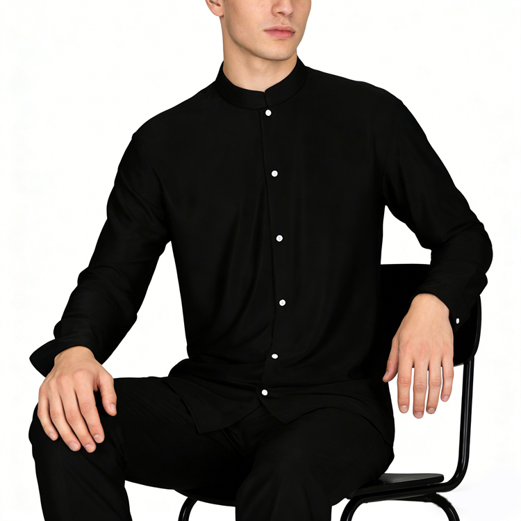 100% Mulberry Silk Satin Long Sleeve Mandarin Collar Dress Shirt
