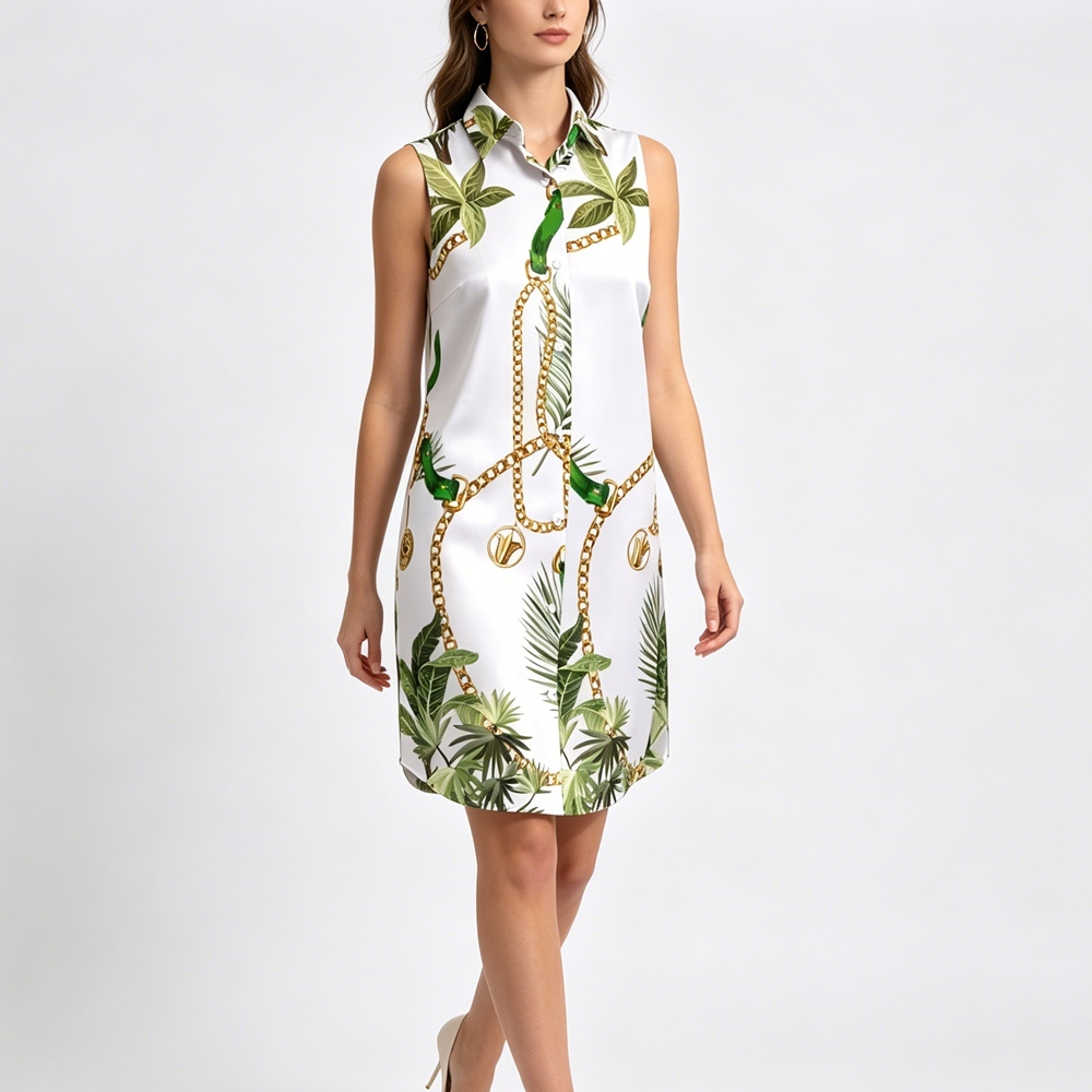 Women's 100% Mulberry Silk Chain Print Long Sleeveless Button-Up Shirt
