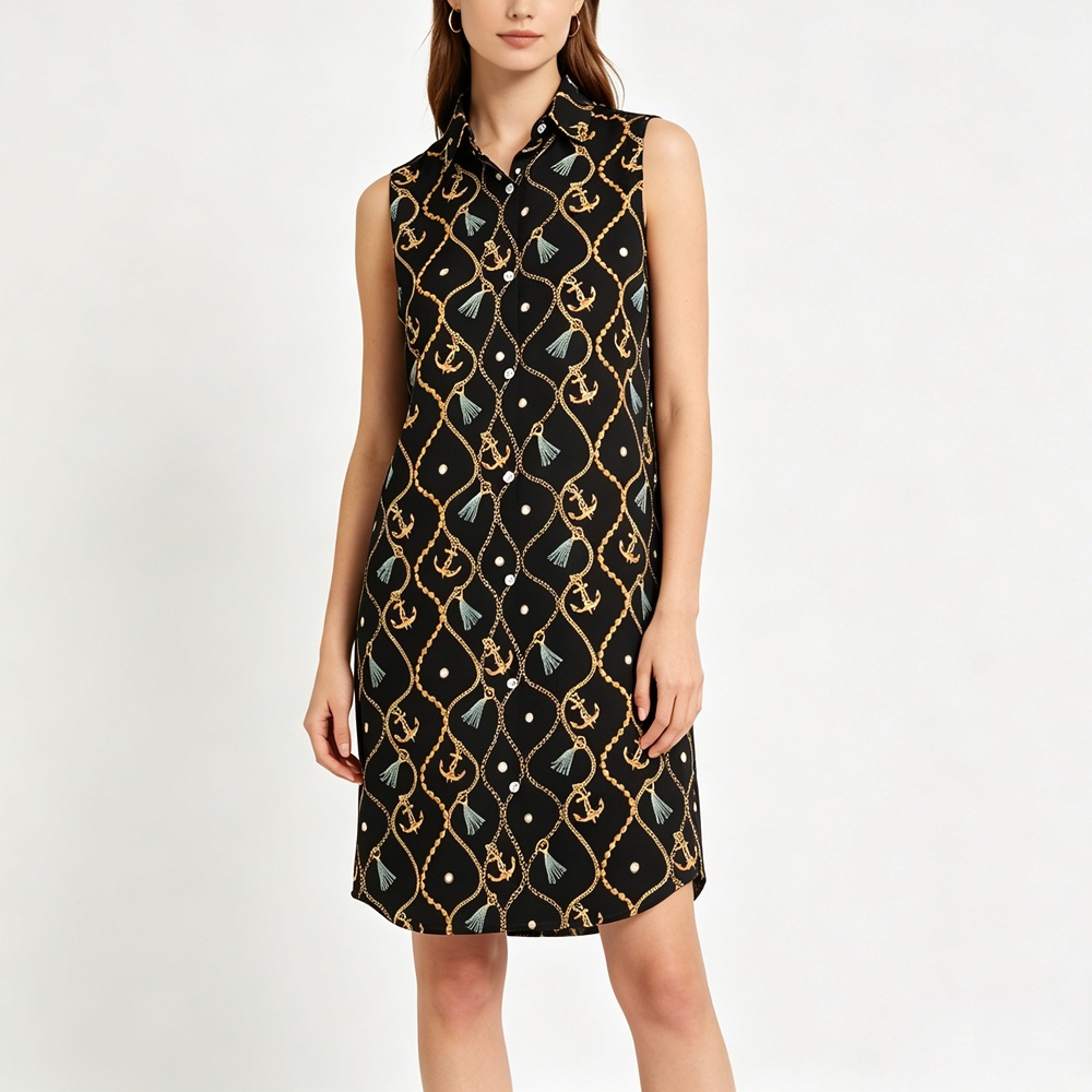 Women's 100% Mulberry Silk Chain Print Long Sleeveless Button-Up Shirt