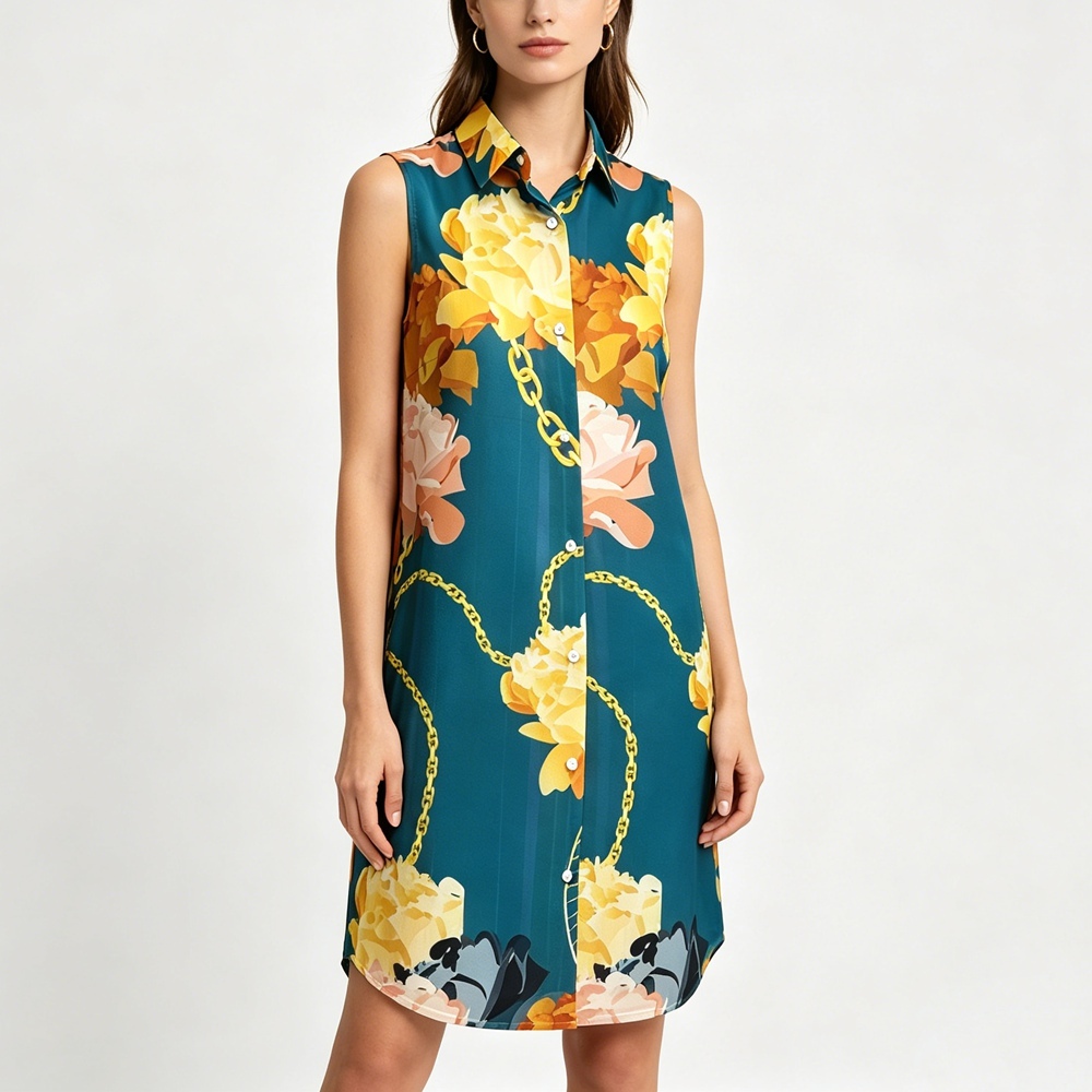 Women's 100% Mulberry Silk Chain Print Long Sleeveless Button-Up Shirt