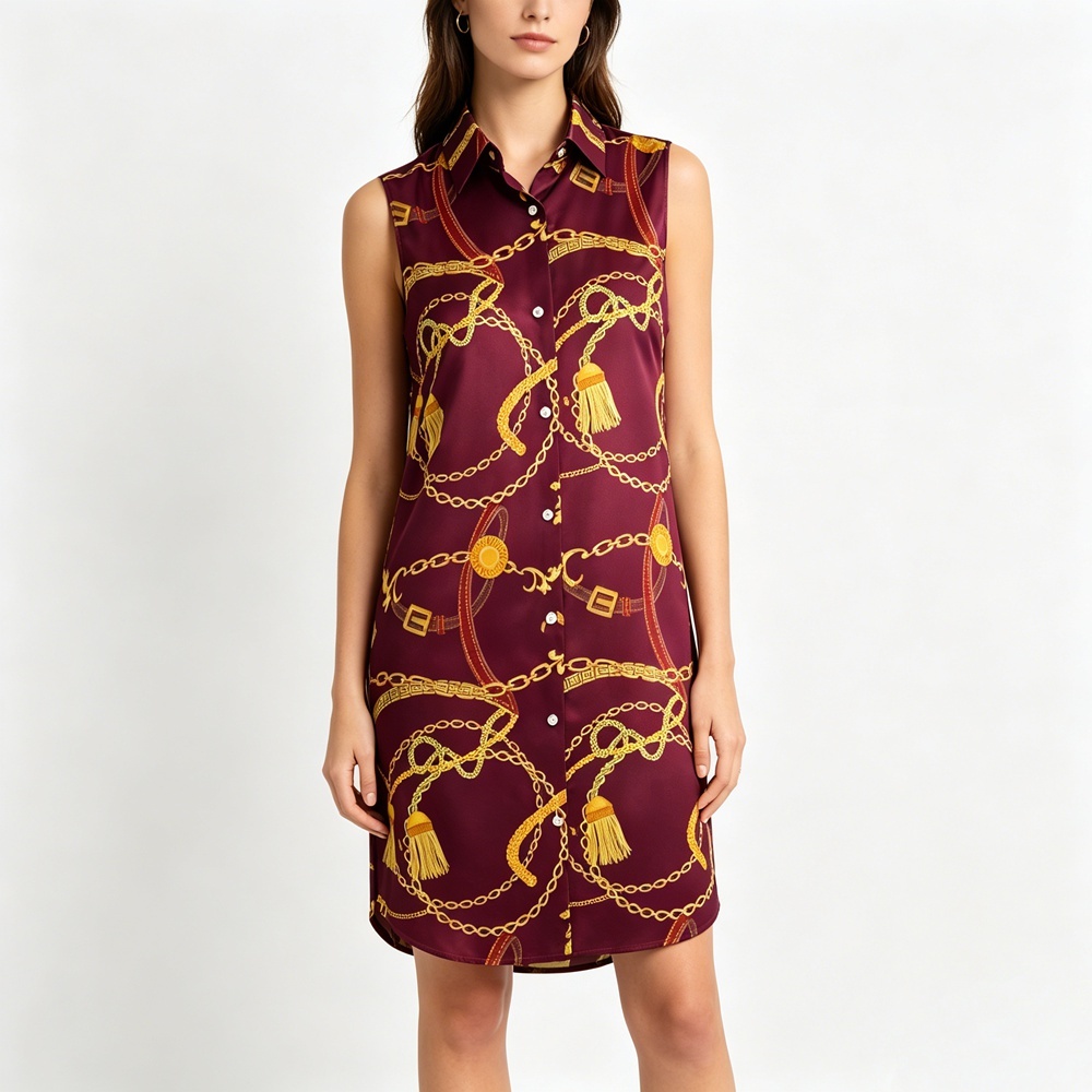 Women's 100% Mulberry Silk Chain Print Long Sleeveless Button-Up Shirt