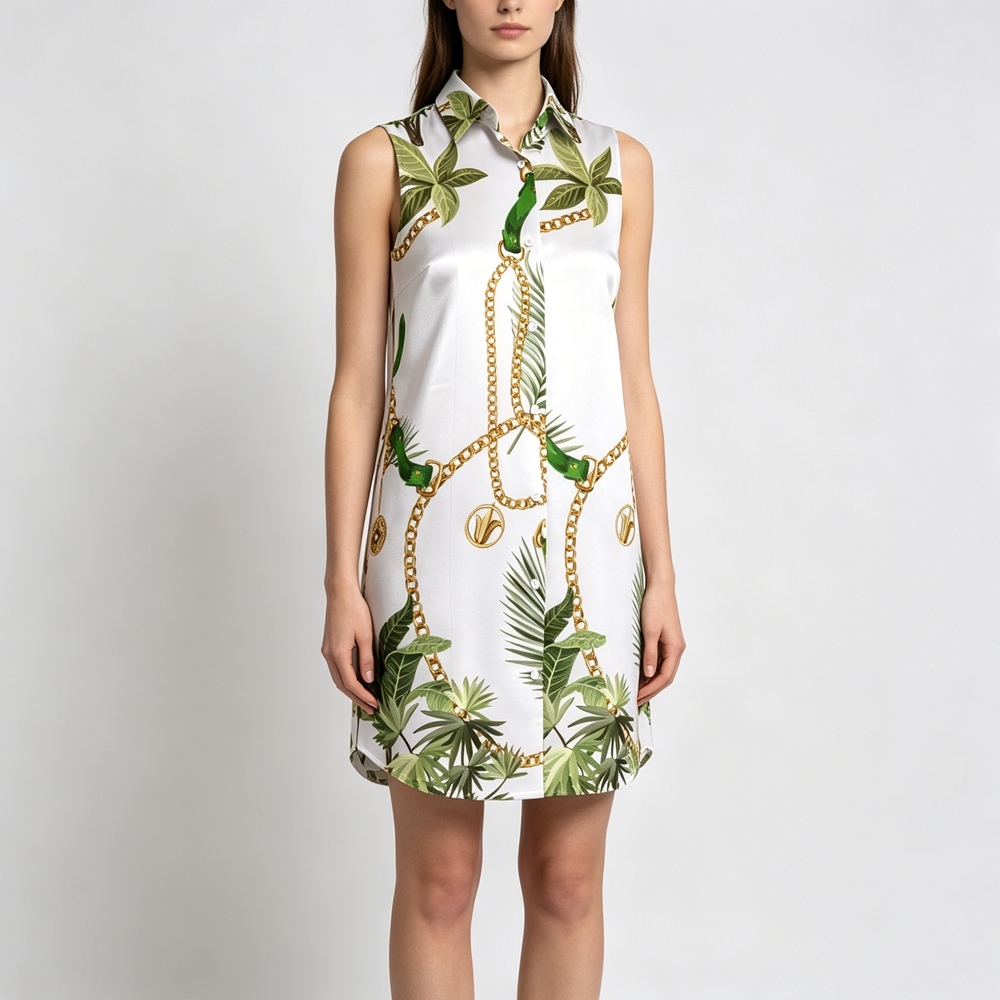 Women's 100% Mulberry Silk Chain Print Long Sleeveless Button-Up Shirt