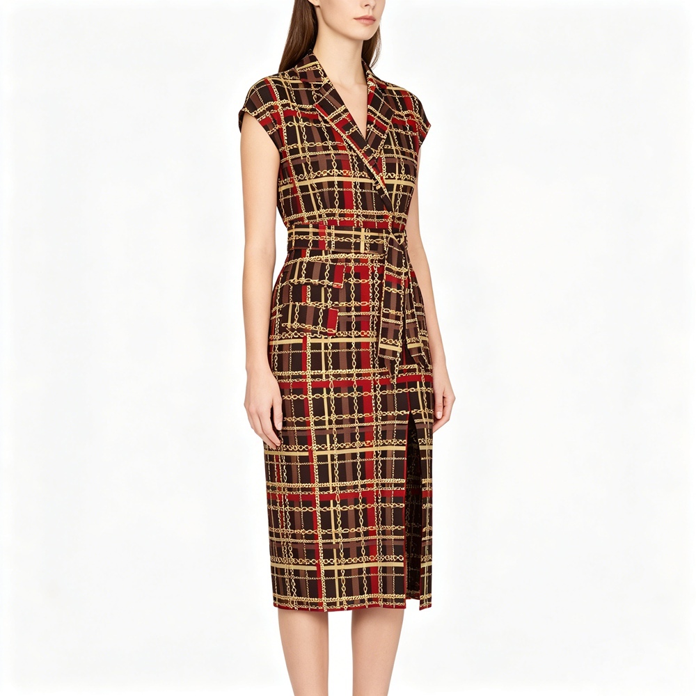 Women's 100% Mulberry Silk Midi Dress - Vintage Plaid Print for Formal Events