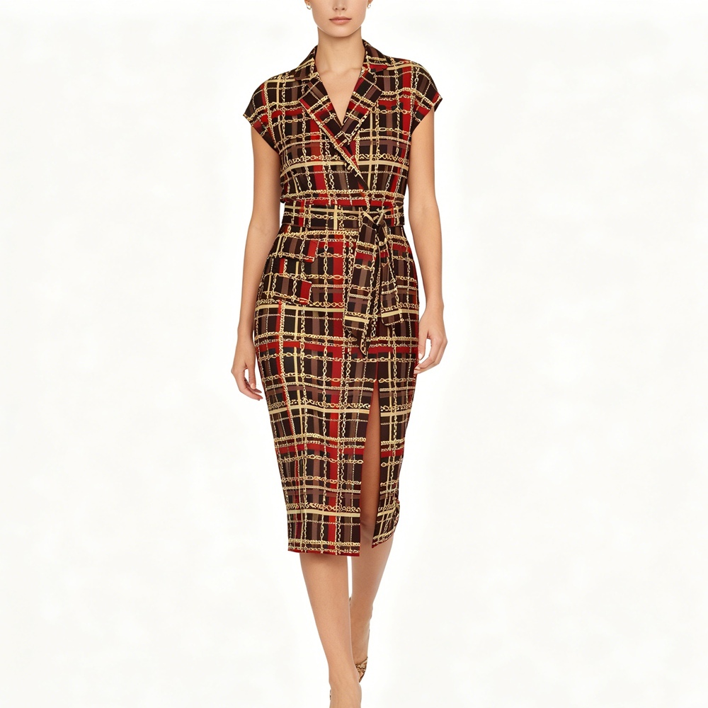 Women's 100% Mulberry Silk Midi Dress - Vintage Plaid Print for Formal Events