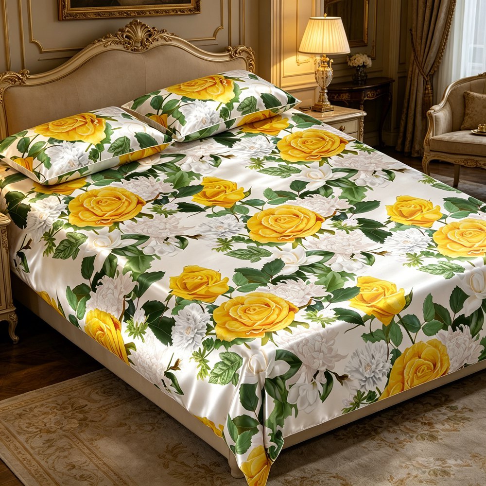 Yellow Rose Print Silk Bedding & Set