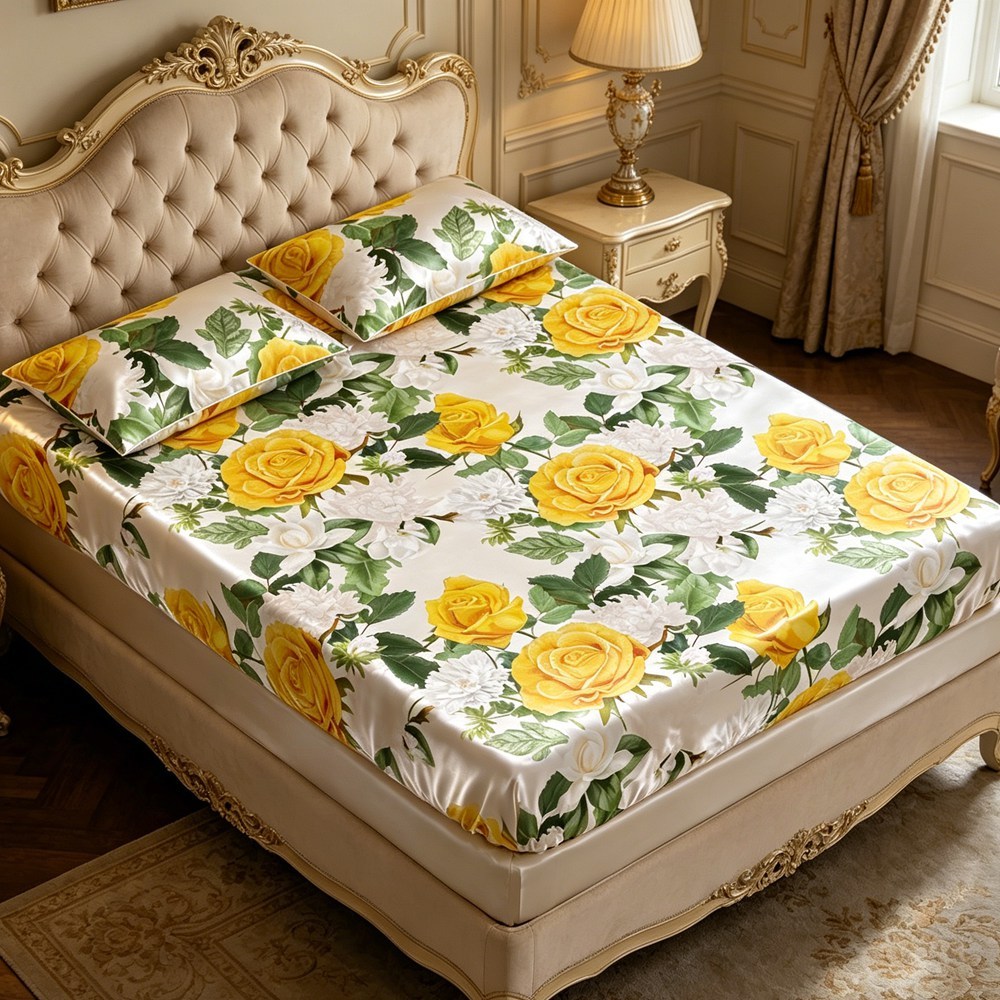 Yellow Rose Print Silk Bedding & Set