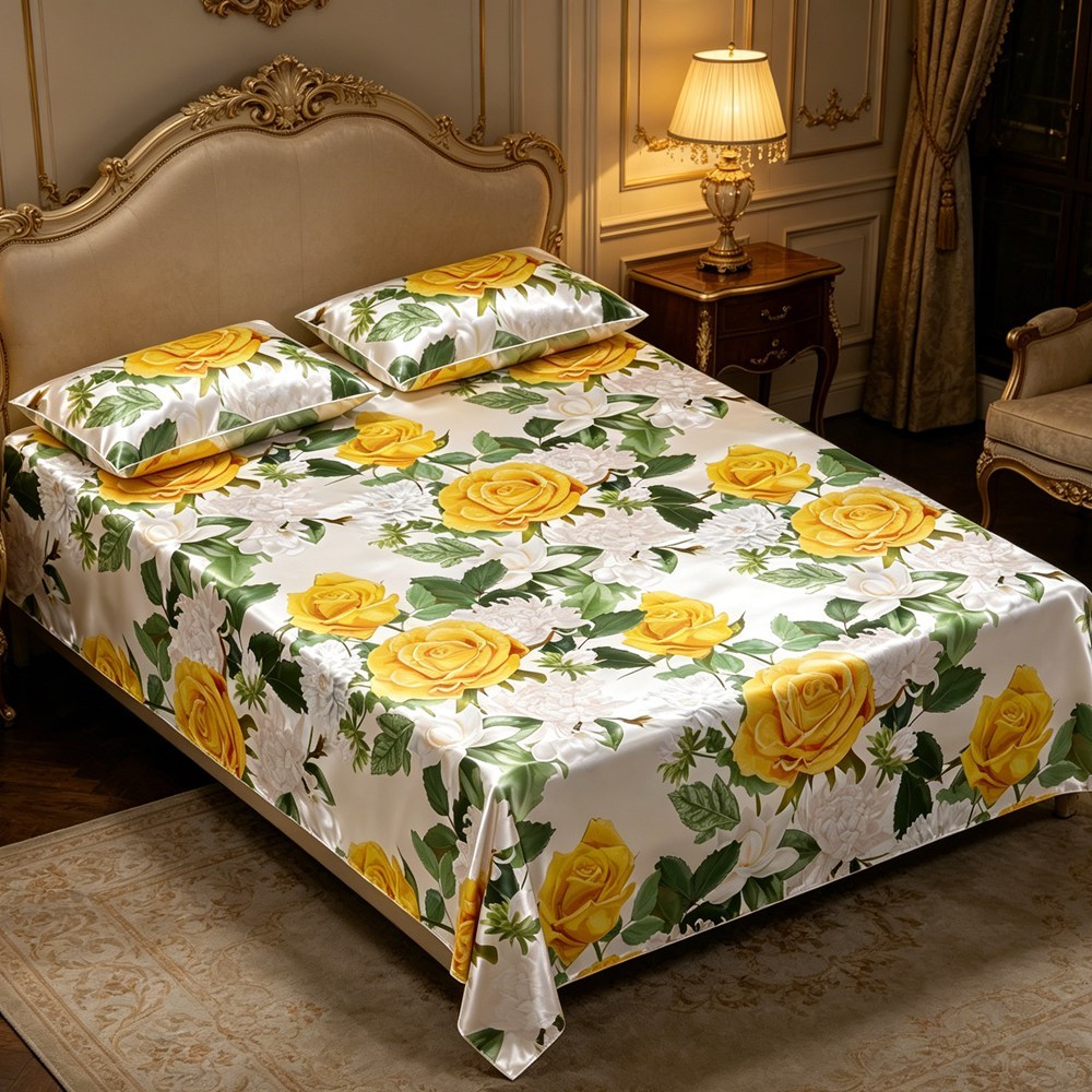 Yellow Rose Print Silk Bedding & Set