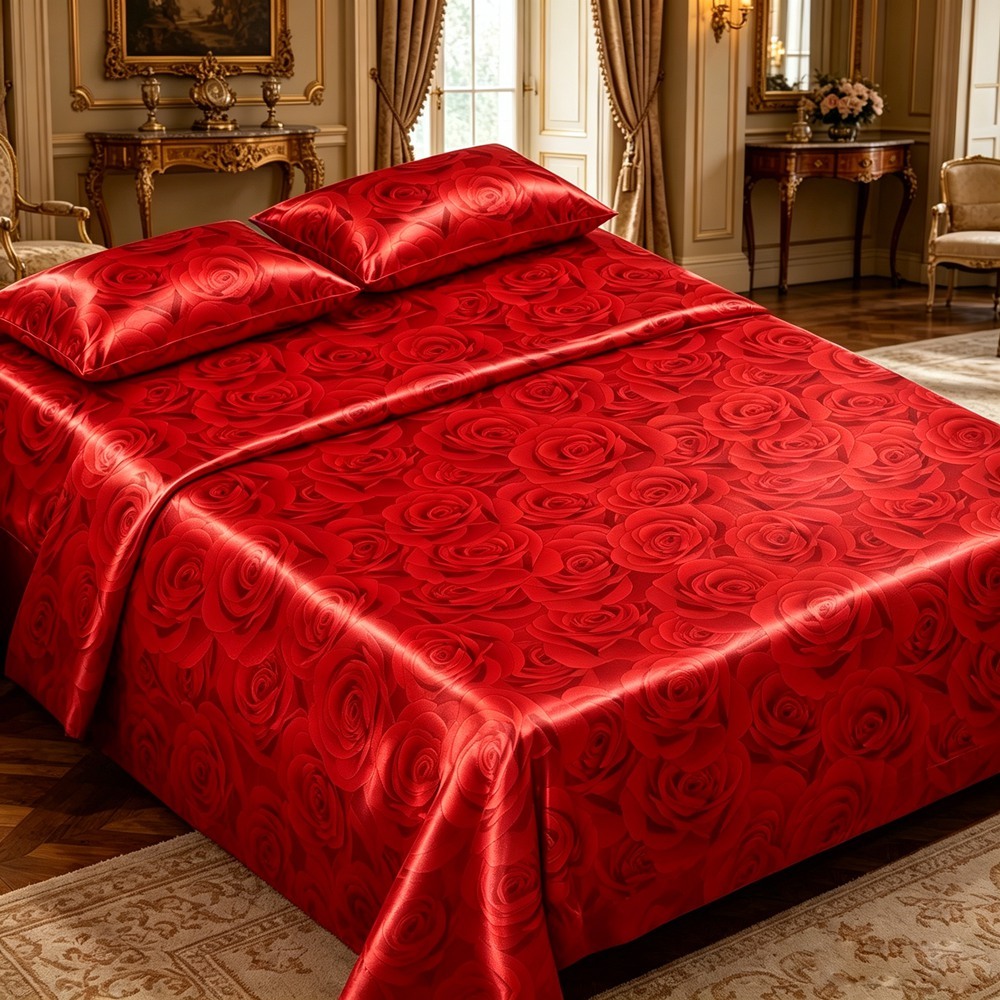 100% Mulberry Silk Red Rose Print Bedding Set