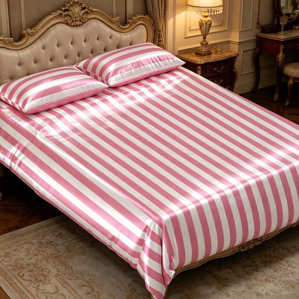 Pink & White Striped 100% Mulberry Silk Bedding Set | Duvet Cover, Flat Sheet & Fitted Sheet, Queen King Cal King Sizes Available