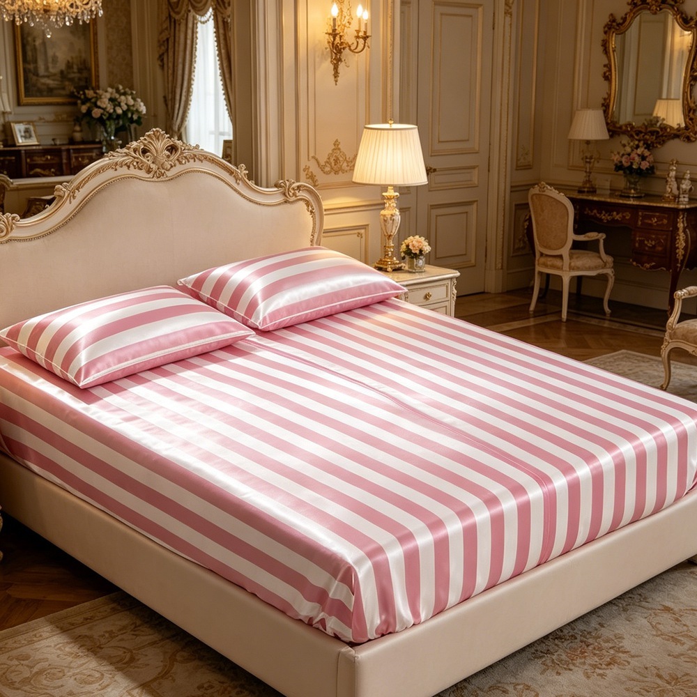 Pink & White Striped 100% Mulberry Silk Bedding Set | Duvet Cover, Flat Sheet & Fitted Sheet, Queen King Cal King Sizes Available