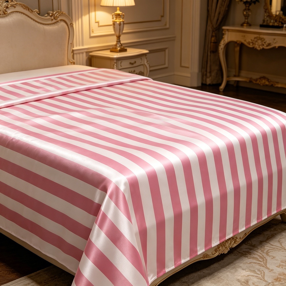 Pink & White Striped 100% Mulberry Silk Bedding Set | Duvet Cover, Flat Sheet & Fitted Sheet, Queen King Cal King Sizes Available