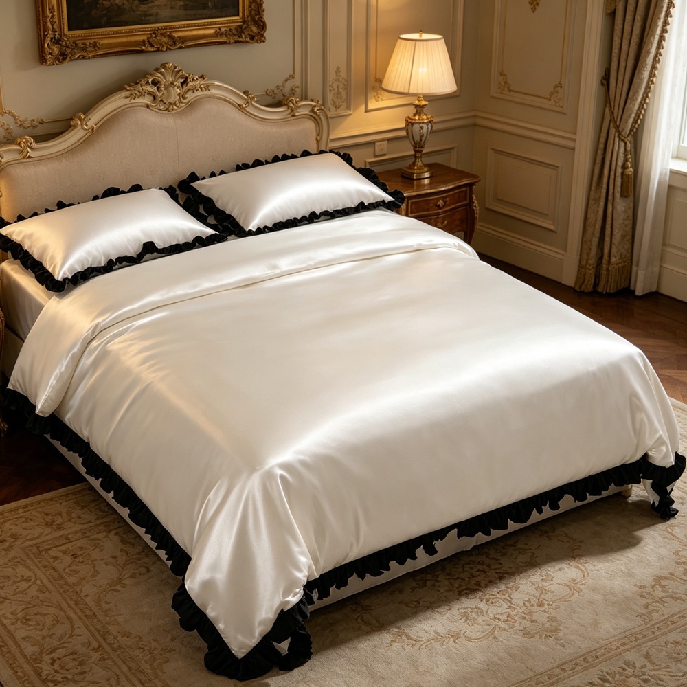 Silk Duvet Cover Set With Contrast Color Ruffled Edge