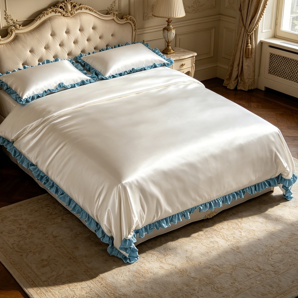Silk Duvet Cover Set With Contrast Color Ruffled Edge