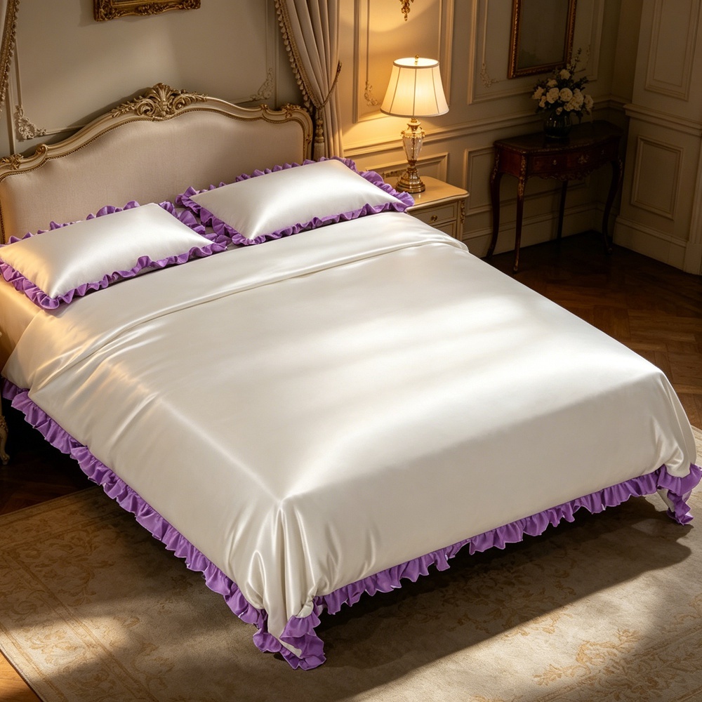 Silk Duvet Cover Set With Contrast Color Ruffled Edge