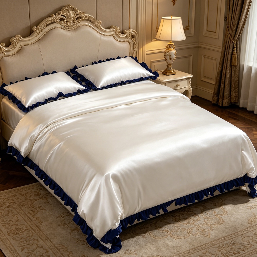 Silk Duvet Cover Set With Contrast Color Ruffled Edge