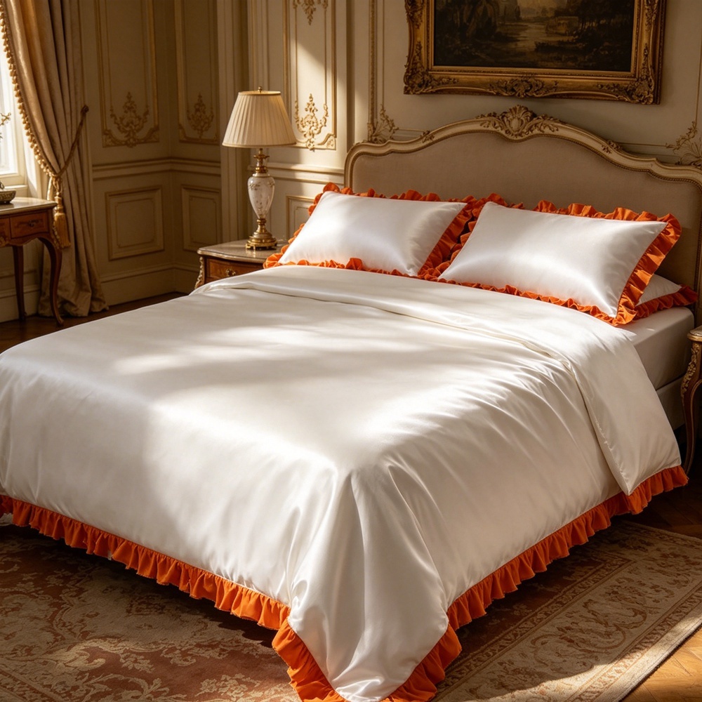 Silk Duvet Cover Set With Contrast Color Ruffled Edge