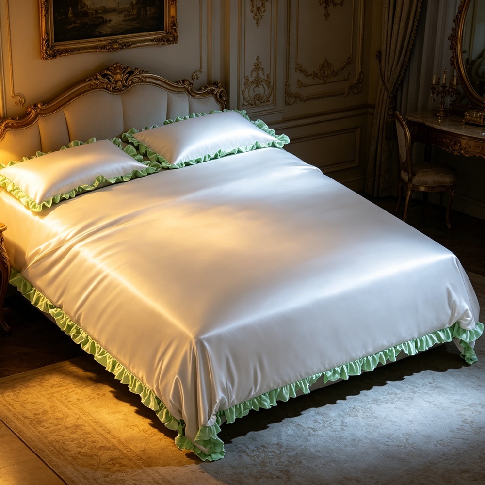 Silk Duvet Cover Set With Contrast Color Ruffled Edge