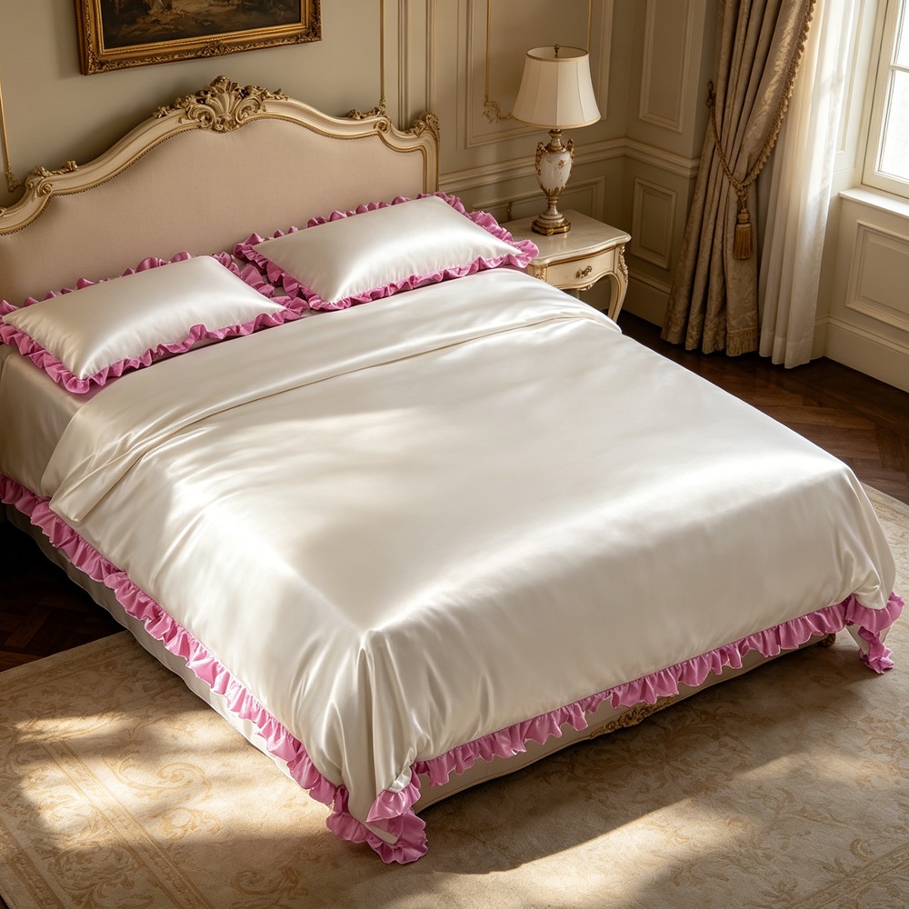 Silk Duvet Cover Set With Contrast Color Ruffled Edge