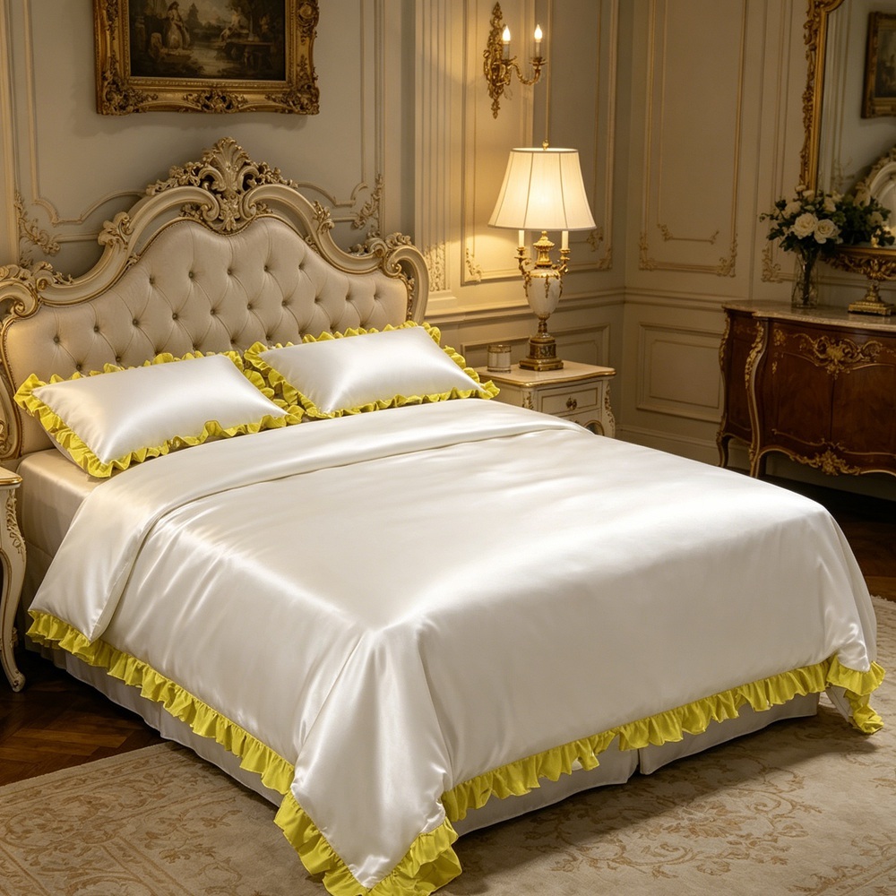 Silk Duvet Cover Set With Contrast Color Ruffled Edge